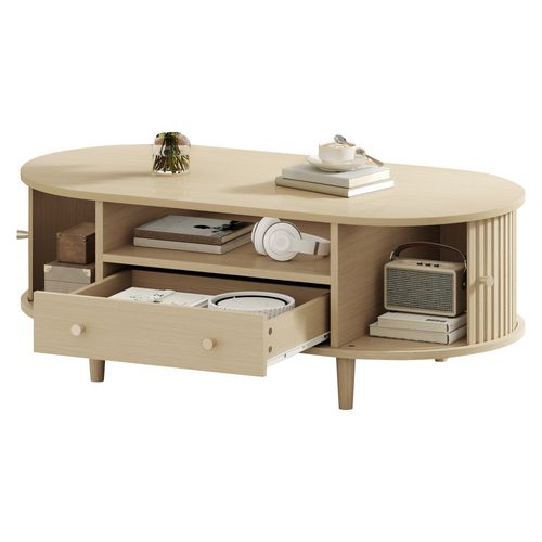 Table Basse Ovale 100x50x36cm 1 Tiroir 2 Portes Coulissantes 1 Compartiment Rangement Caché Bois