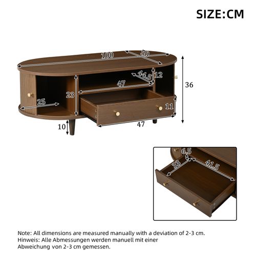 Table Basse Ovale 100x50x36cm 1 Tiroir 2 Portes Coulissantes 1 Compartiment Rangement Caché Noyer