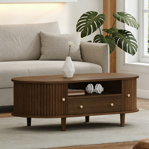 Table Basse Ovale 100x50x36cm 1 Tiroir 2 Portes Coulissantes 1 Compartiment Rangement Caché Noyer