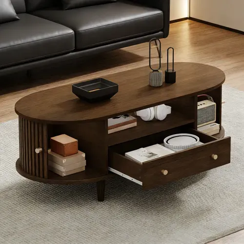 Table Basse Ovale 100x50x36cm 1 Tiroir 2 Portes Coulissantes 1 Compartiment Rangement Caché Noyer