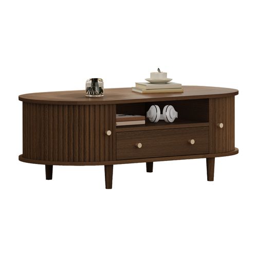 Table Basse Ovale 100x50x36cm 1 Tiroir 2 Portes Coulissantes 1 Compartiment Rangement Caché Noyer