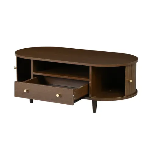 Table Basse Ovale 100x50x36cm 1 Tiroir 2 Portes Coulissantes 1 Compartiment Rangement Caché Noyer