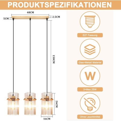 Suspension Dorée Vintage, 3-lampes Verre E27, Ø 16 Cm Pour Cuisine.