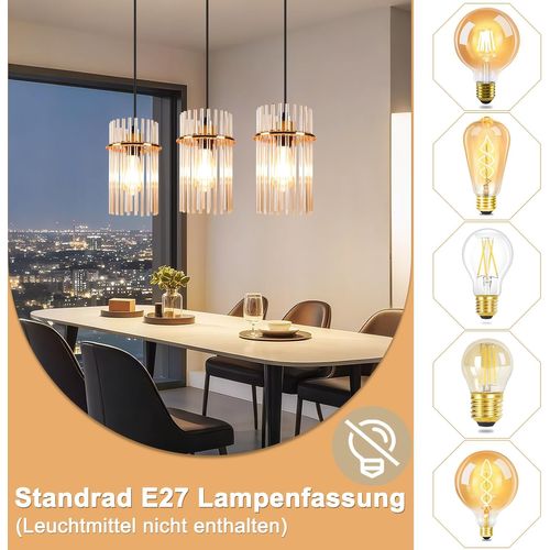 Suspension Dorée Vintage, 3-lampes Verre E27, Ø 16 Cm Pour Cuisine.