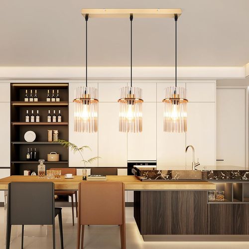 Suspension Dorée Vintage, 3-lampes Verre E27, Ø 16 Cm Pour Cuisine.