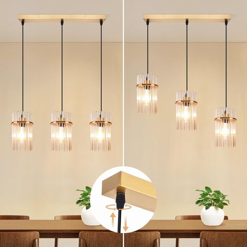 Suspension Dorée Vintage, 3-lampes Verre E27, Ø 16 Cm Pour Cuisine.