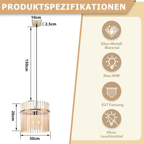 Suspension Dorée Rétro, Lampe Verre E27, Ø 30 Cm Pour Cuisine et Café.