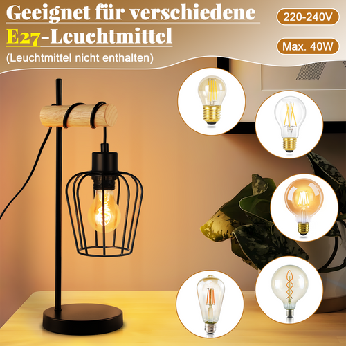 Nettlife Lampe De Table Vintage, Design Industriel En Bois Et Métal, Douille E27.