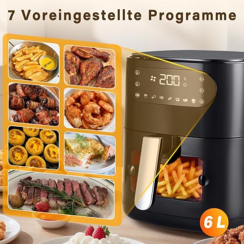 Friteuse à Air 6l, Fenêtre De Visualisation, 7 Programmes, Silencieuse, Noir.