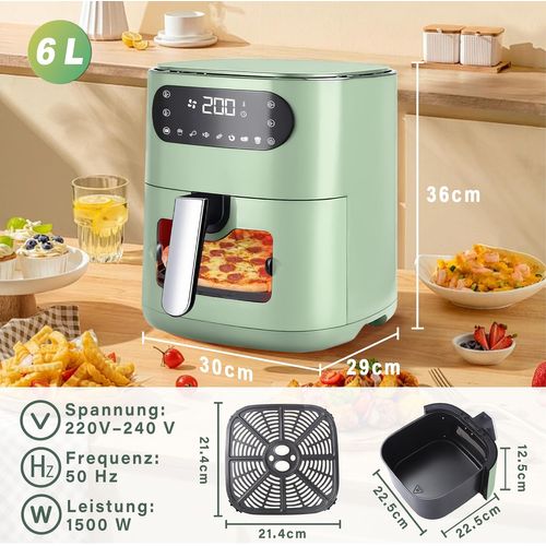 Friteuse à air 6 L, panier simple, hublot, 7 programmes de cuisson, silencieuse (verte)