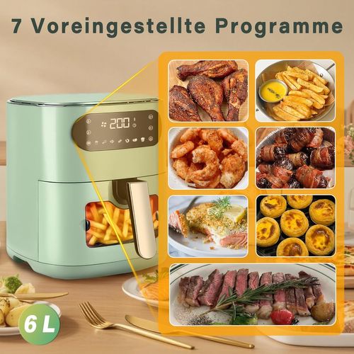 Friteuse à air 6 L, panier simple, hublot, 7 programmes de cuisson, silencieuse (verte)