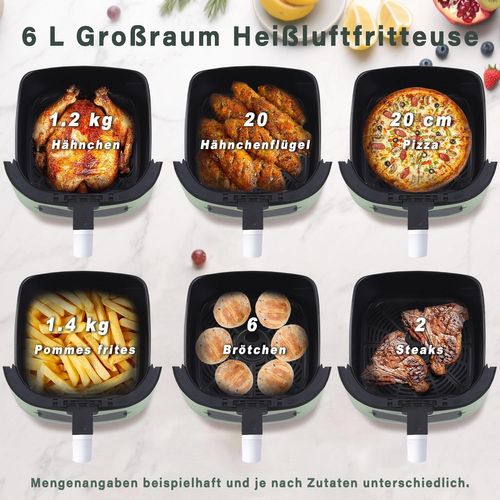 Friteuse à air 6 L, panier simple, hublot, 7 programmes de cuisson, silencieuse (verte)