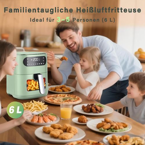 Friteuse à air 6 L, panier simple, hublot, 7 programmes de cuisson, silencieuse (verte)