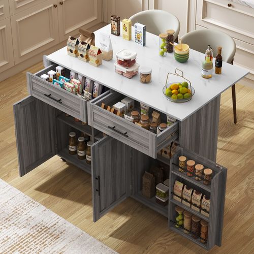 Îlot De Cuisine Roulant Avec Rallonge Rabattable - 3 Tiroirs + Rangements - Finition Bleu Clair