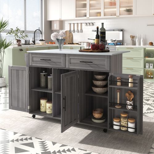 Îlot De Cuisine Roulant Avec Rallonge Rabattable - 3 Tiroirs + Rangements - Finition Bleu Clair