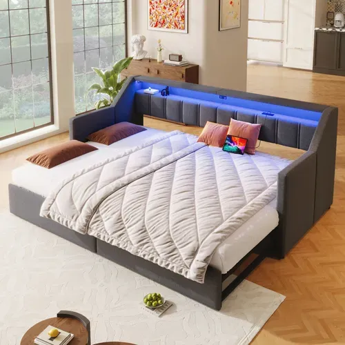 Lit Banquette 90x200 Cm, Canapé Lit Avec USB Et Type-c, LED, 2 Tiroirs, Poches De Rangement,gris