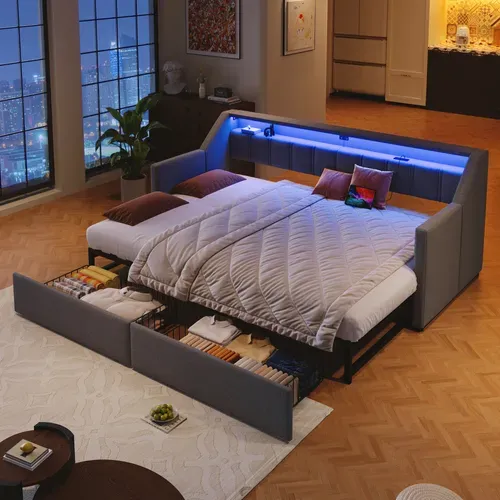 Lit Banquette 90x200 Cm, Canapé Lit Avec USB Et Type-c, LED, 2 Tiroirs, Poches De Rangement,gris