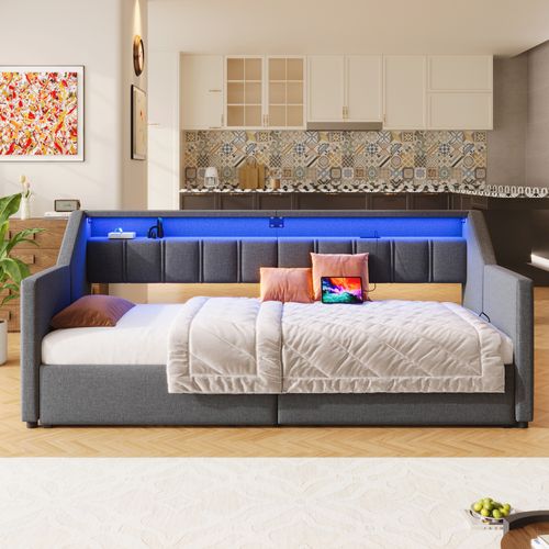 Lit Banquette 90x200 Cm, Canapé Lit Avec USB Et Type-c, LED, 2 Tiroirs, Poches De Rangement,gris