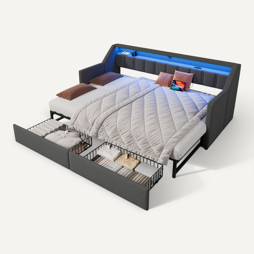 Lit Banquette 90x200 Cm, Canapé Lit Avec USB Et Type-c, LED, 2 Tiroirs, Poches De Rangement,gris