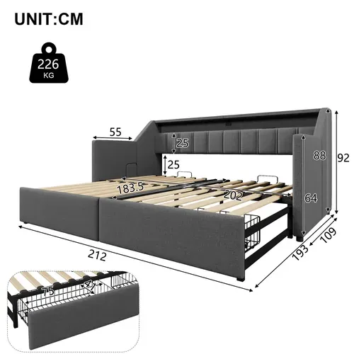 Lit Banquette 90x200 Cm, Canapé Lit Avec USB Et Type-c, LED, 2 Tiroirs, Poches De Rangement,gris