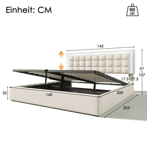 Lit Coffre 140x200cm Lit Rembourré Avec Rangement Intégré + Éclairage LED - Sommier Inclus - Blanc