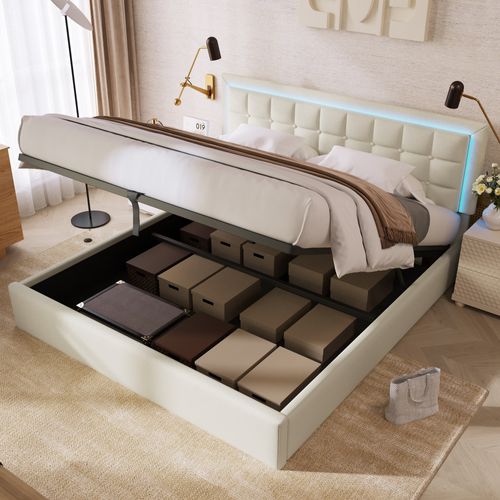 Lit Coffre 140x200cm Lit Rembourré Avec Rangement Intégré + Éclairage LED - Sommier Inclus - Blanc