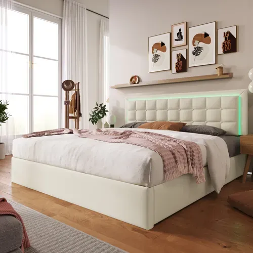 Lit Coffre 140x200cm Lit Rembourré Avec Rangement Intégré + Éclairage LED - Sommier Inclus - Blanc