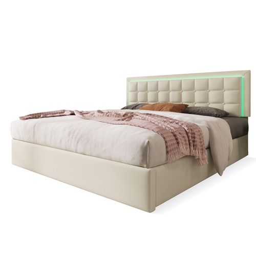 Lit Coffre 140x200cm Lit Rembourré Avec Rangement Intégré + Éclairage LED - Sommier Inclus - Blanc