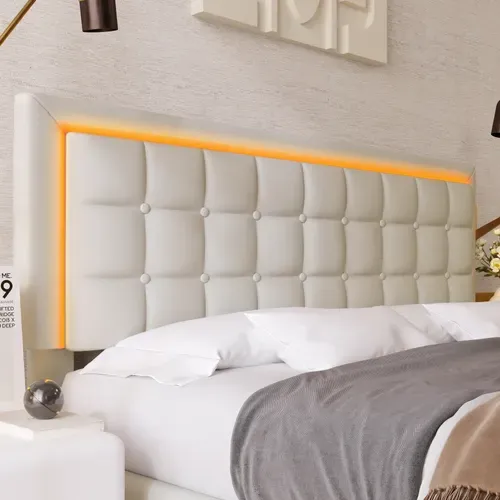 Lit Coffre 140x200cm Lit Rembourré Avec Rangement Intégré + Éclairage LED - Sommier Inclus - Blanc