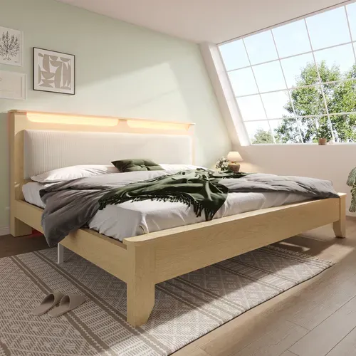 Lit Double 180x200 Cm Avec Tête De Lit Rangement - LED Et Dossier Velours Côtelé Beige - Chêne Clair