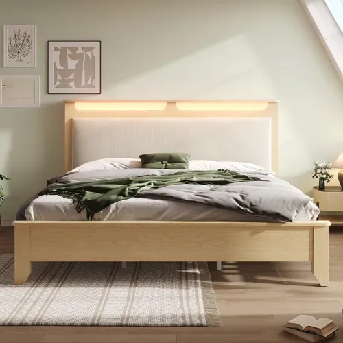 Lit Double 180x200 Cm Avec Tête De Lit Rangement - LED Et Dossier Velours Côtelé Beige - Chêne Clair