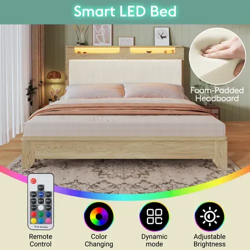 Lit Double 180x200 Cm Avec Tête De Lit Rangement - LED Et Dossier Velours Côtelé Beige - Chêne Clair