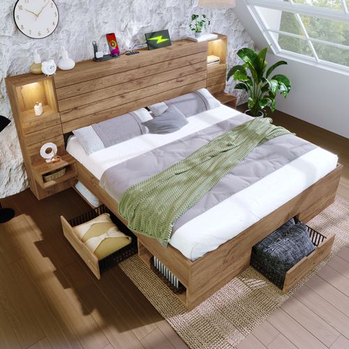 Lit Coffre Bois Massif 160x200 Cm Lit Double Avec Rangement, Éclairage LED Et USB-c, Chêne