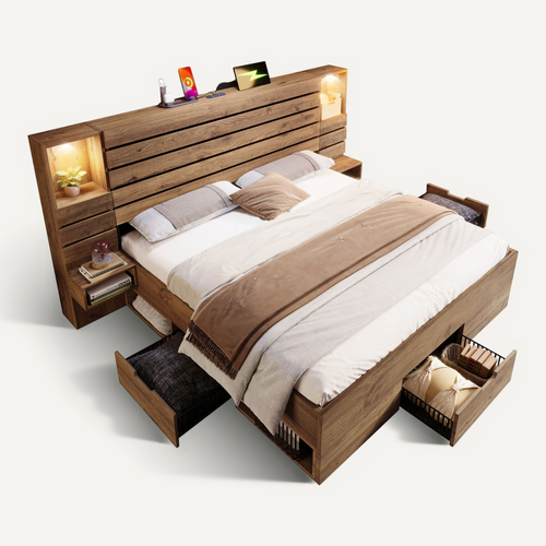 Lit Coffre Bois Massif 160x200 Cm Lit Double Avec Rangement, Éclairage LED Et USB-c, Chêne