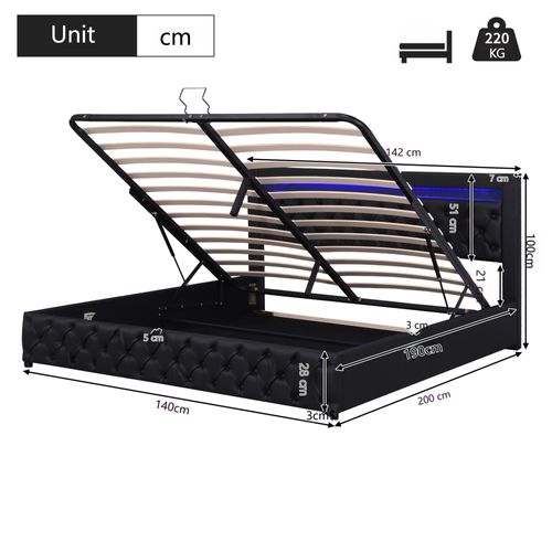 Lit Coffre 140x190cm Lit Rembourrée Double Ave Sommier Hydraulique - Éclairage LED Intégré -pu- Noir