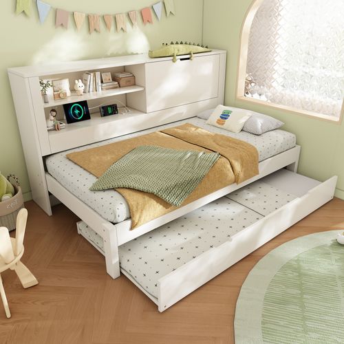 Canapé Lit Double 90x200cm ,tête De Lit Rangement, Compartiment Ouvert Et Caché, USB-usb-c, Blanc