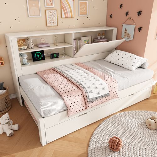 Canapé Lit Double 90x200cm ,tête De Lit Rangement, Compartiment Ouvert Et Caché, USB-usb-c, Blanc