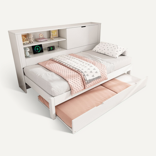 Canapé Lit Double 90x200cm ,tête De Lit Rangement, Compartiment Ouvert Et Caché, USB-usb-c, Blanc
