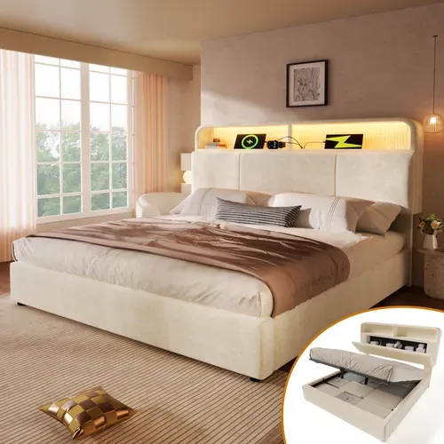 Lit Coffre 160x200cm Avec Tête De Lit Rangement Réglable -led- Charge USB-type-c - Velours  - Beige