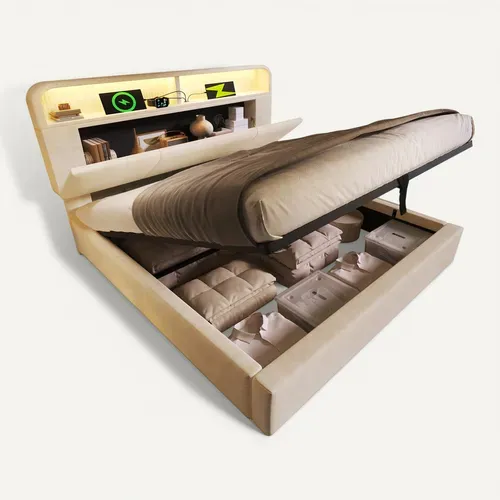 Lit Coffre 160x200cm Avec Tête De Lit Rangement Réglable -led- Charge USB-type-c - Velours  - Beige