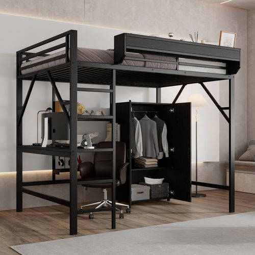 Lit Mezzanine 140x200cm, Lit Haut Avec Bureau Intégré Et Double Rangement, Dressing Et Armoire,noir