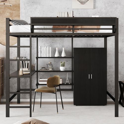 Lit Mezzanine 140x200cm, Lit Haut Avec Bureau Intégré Et Double Rangement, Dressing Et Armoire,noir