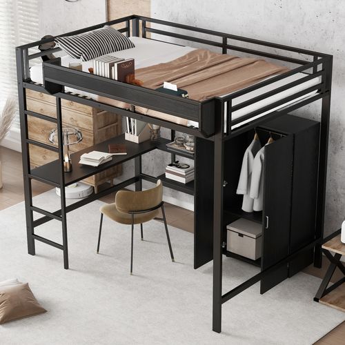 Lit Mezzanine 140x200cm, Lit Haut Avec Bureau Intégré Et Double Rangement, Dressing Et Armoire,noir