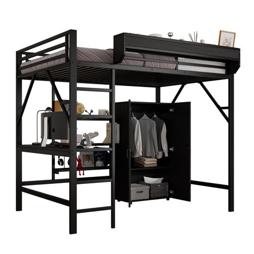 Lit Mezzanine 140x200cm, Lit Haut Avec Bureau Intégré Et Double Rangement, Dressing Et Armoire,noir