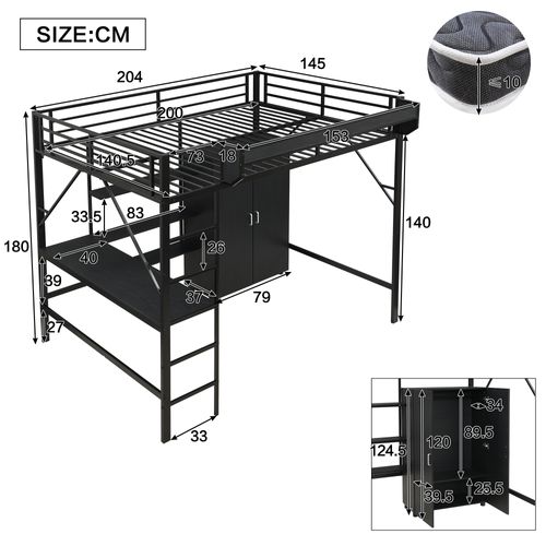 Lit Mezzanine 140x200cm, Lit Haut Avec Bureau Intégré Et Double Rangement, Dressing Et Armoire,noir