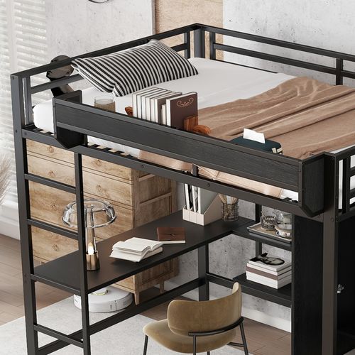 Lit Mezzanine 140x200cm, Lit Haut Avec Bureau Intégré Et Double Rangement, Dressing Et Armoire,noir