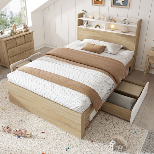 Lit Coffre Simple  90x190 Cm Avec Rangement - Tête De Lit Avec Niches, 2 Tiroirs- Bois Massif- Blanc