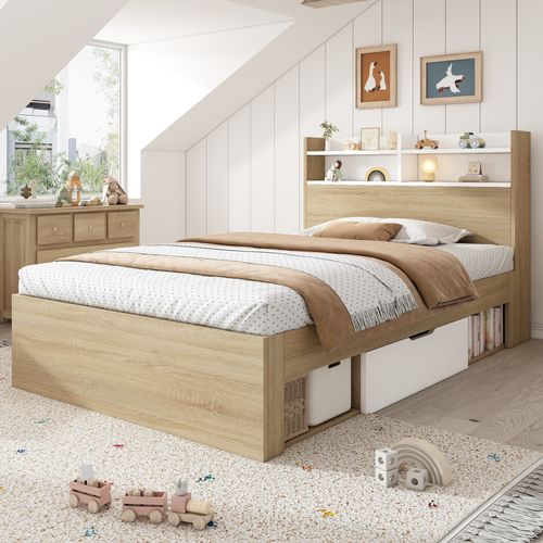 Lit Coffre Simple  90x190 Cm Avec Rangement - Tête De Lit Avec Niches, 2 Tiroirs- Bois Massif- Blanc