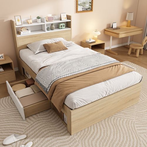 Lit Coffre Simple  90x190 Cm Avec Rangement - Tête De Lit Avec Niches, 2 Tiroirs- Bois Massif- Blanc