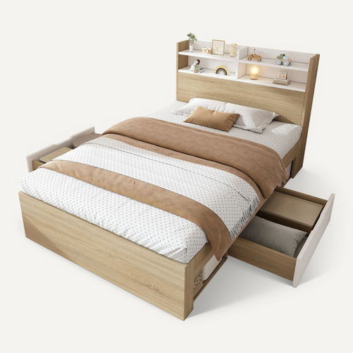 Lit Coffre Simple  90x190 Cm Avec Rangement - Tête De Lit Avec Niches, 2 Tiroirs- Bois Massif- Blanc